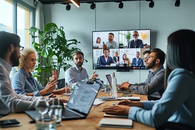 Diverse company employees having online business conference video call on tv screen monitor in board meeting room. Videoconference presentation, global virtual group corporate training, Generative AI