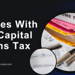 Which States With No Capital Gains Tax Offer The Biggest Tax Savings In 2026? States with no capital gains tax highlighted alongside tax return forms, financial records, a calculator, and tax planning documents.