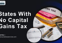 Which States With No Capital Gains Tax Offer The Biggest Tax Savings In 2026? States with no capital gains tax highlighted alongside tax return forms, financial records, a calculator, and tax planning documents.
