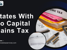 Which States With No Capital Gains Tax Offer The Biggest Tax Savings In 2026? States with no capital gains tax highlighted alongside tax return forms, financial records, a calculator, and tax planning documents.