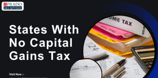 Which States With No Capital Gains Tax Offer The Biggest Tax Savings In 2026? States with no capital gains tax highlighted alongside tax return forms, financial records, a calculator, and tax planning documents.