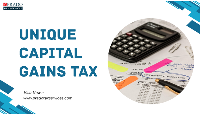 Unique capital gains tax concept with calculator, financial documents, investment notes, and tax planning paperwork.