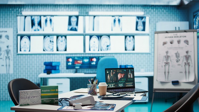 Professional medical office with diagnostic tools and a computer screen