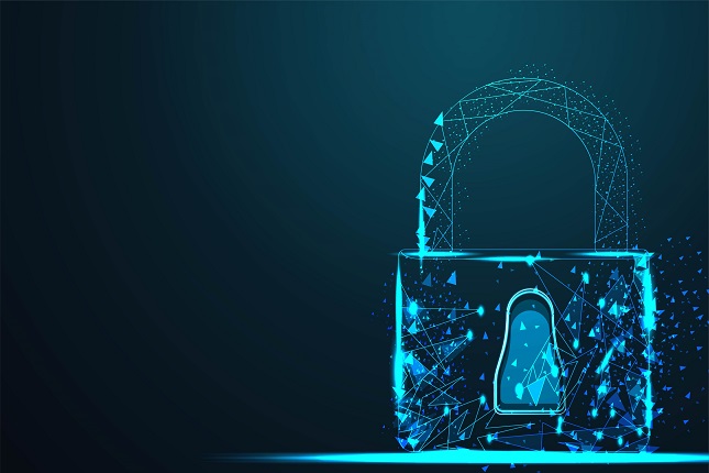 cyber Lock security padlock, Abstract wire low poly, Polygonal wire frame mesh looks like constellation on dark blue night sky with dots and stars, illustration and background