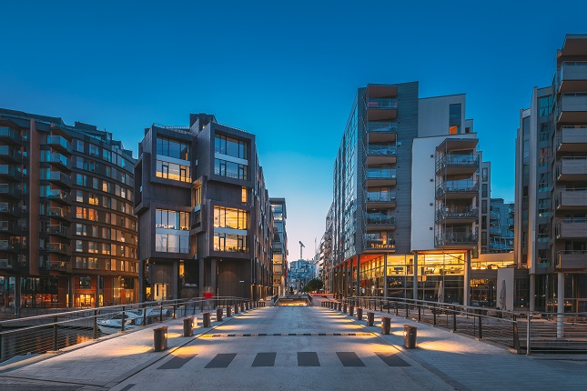 Oslo, Norway. Night View Of Residential Multi-storey Houses In A